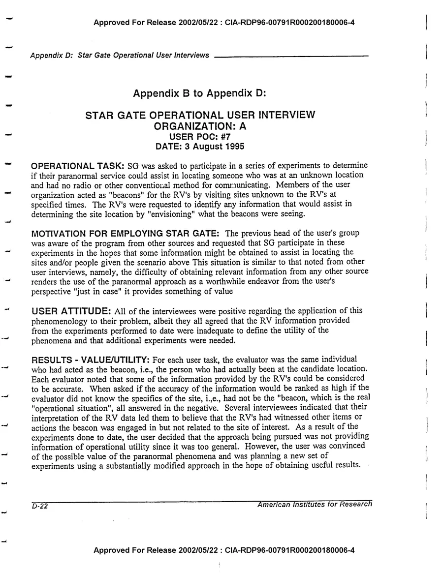 An Evaluation of Remote Viewing: Research and Applications — leaf 201, printed page D-22, facsimile of the released scan