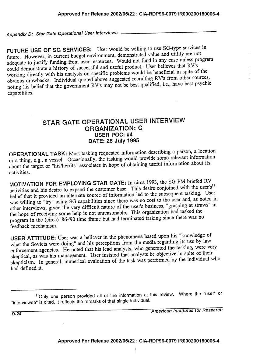 An Evaluation of Remote Viewing: Research and Applications — leaf 203, printed page D-24, facsimile of the released scan