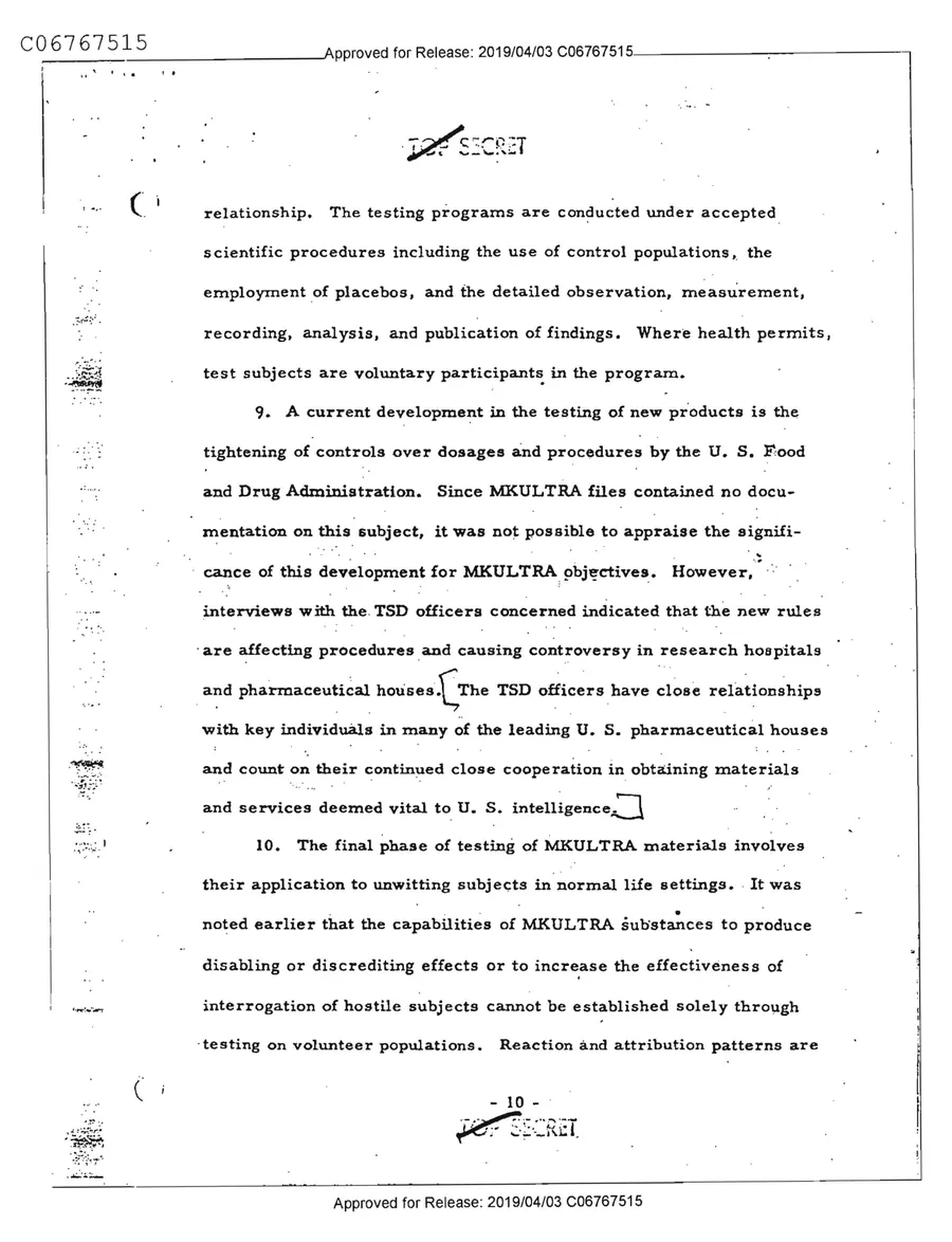 Report of Inspection of MKULTRA — leaf 12, printed page 10, facsimile of the released scan