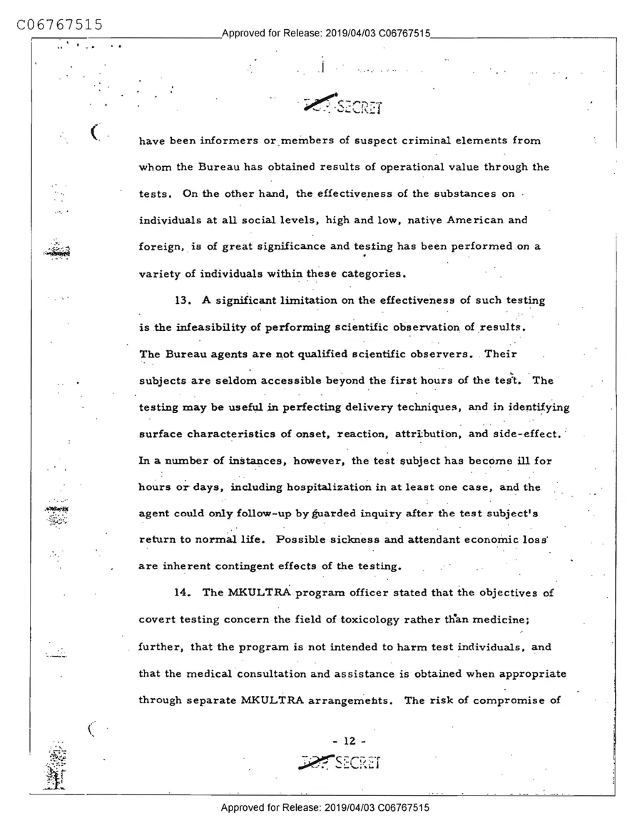 Report of Inspection of MKULTRA — leaf 14, printed page 12, facsimile of the released scan