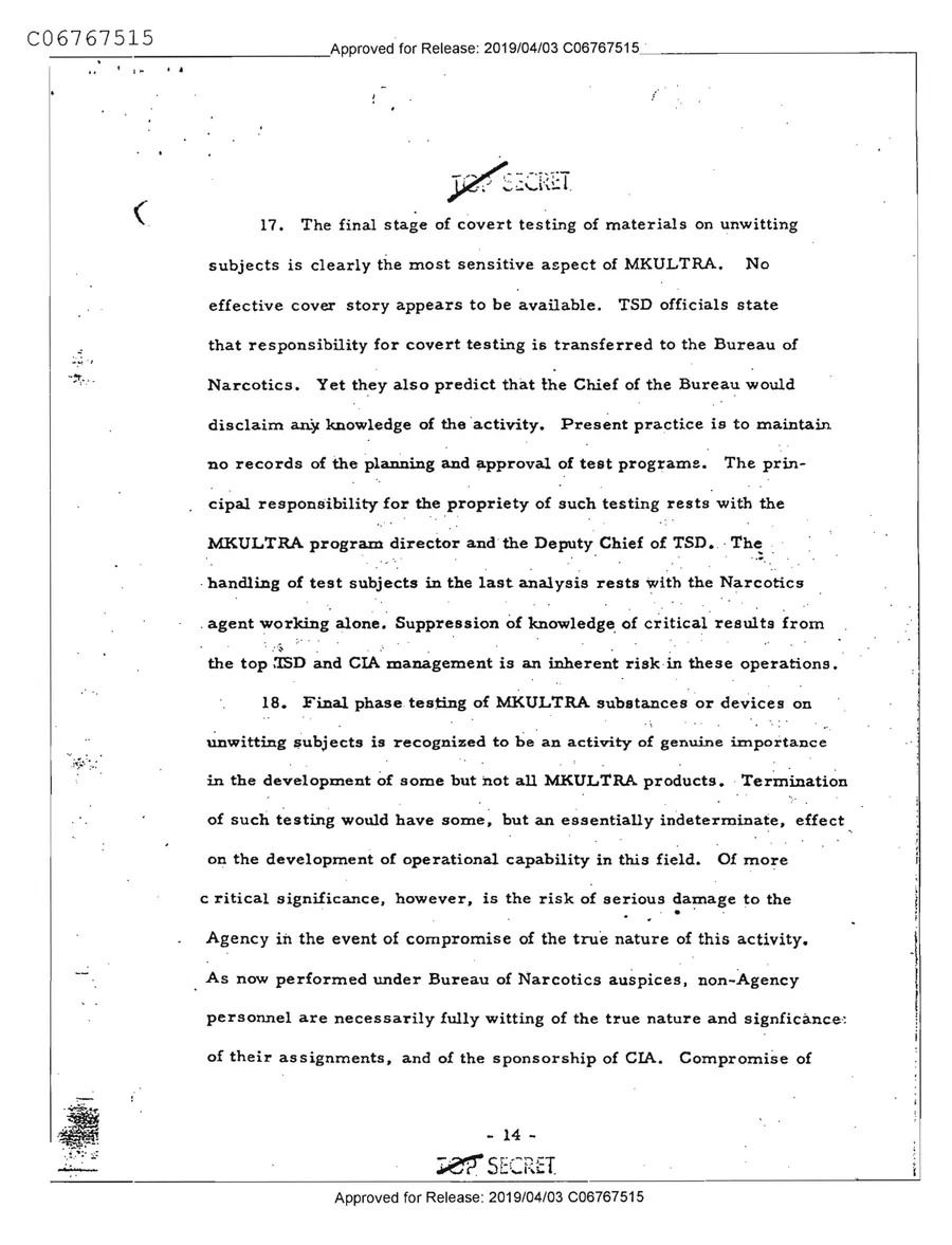 Report of Inspection of MKULTRA — leaf 16, printed page 14, facsimile of the released scan