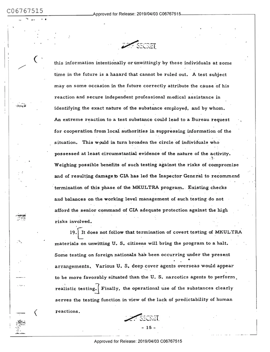 Report of Inspection of MKULTRA — leaf 17, printed page 15, facsimile of the released scan