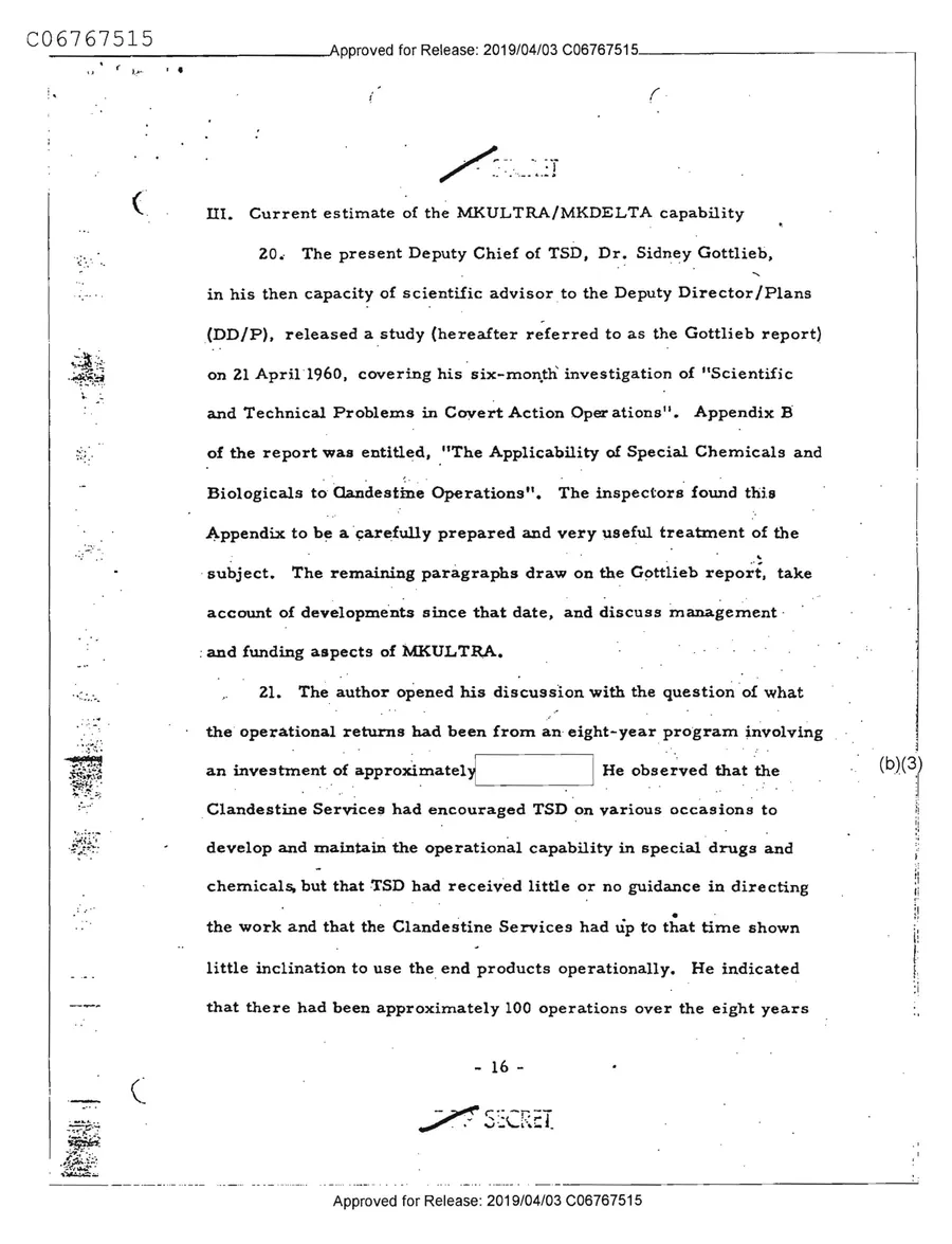 Report of Inspection of MKULTRA — leaf 18, printed page 16, facsimile of the released scan