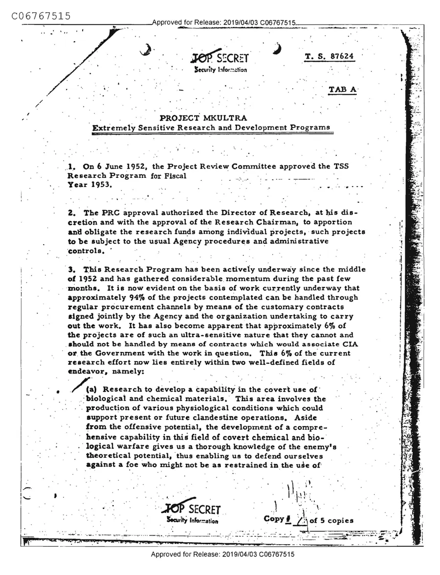 Report of Inspection of MKULTRA — leaf 31, facsimile of the released scan