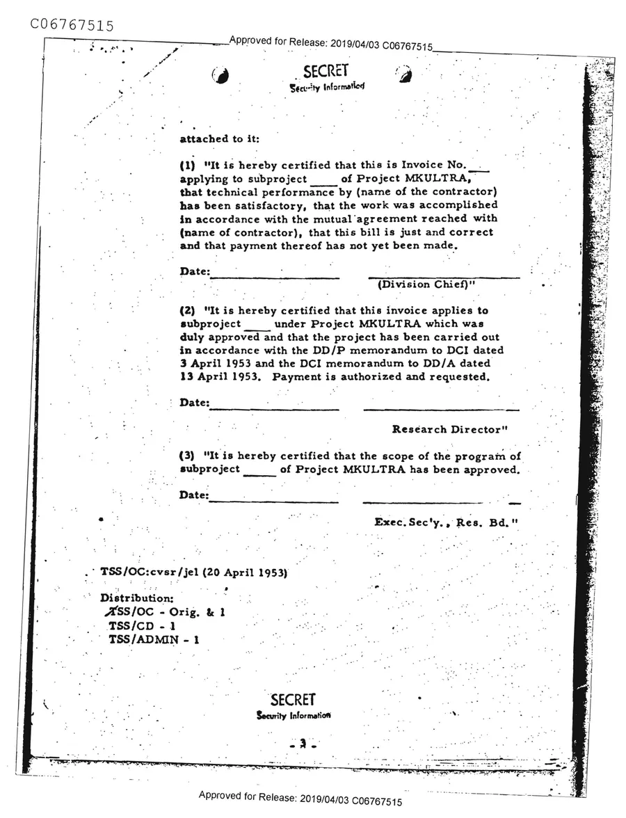 Report of Inspection of MKULTRA — leaf 41, printed page 3 (Tab B, 21 April 1953), facsimile of the released scan