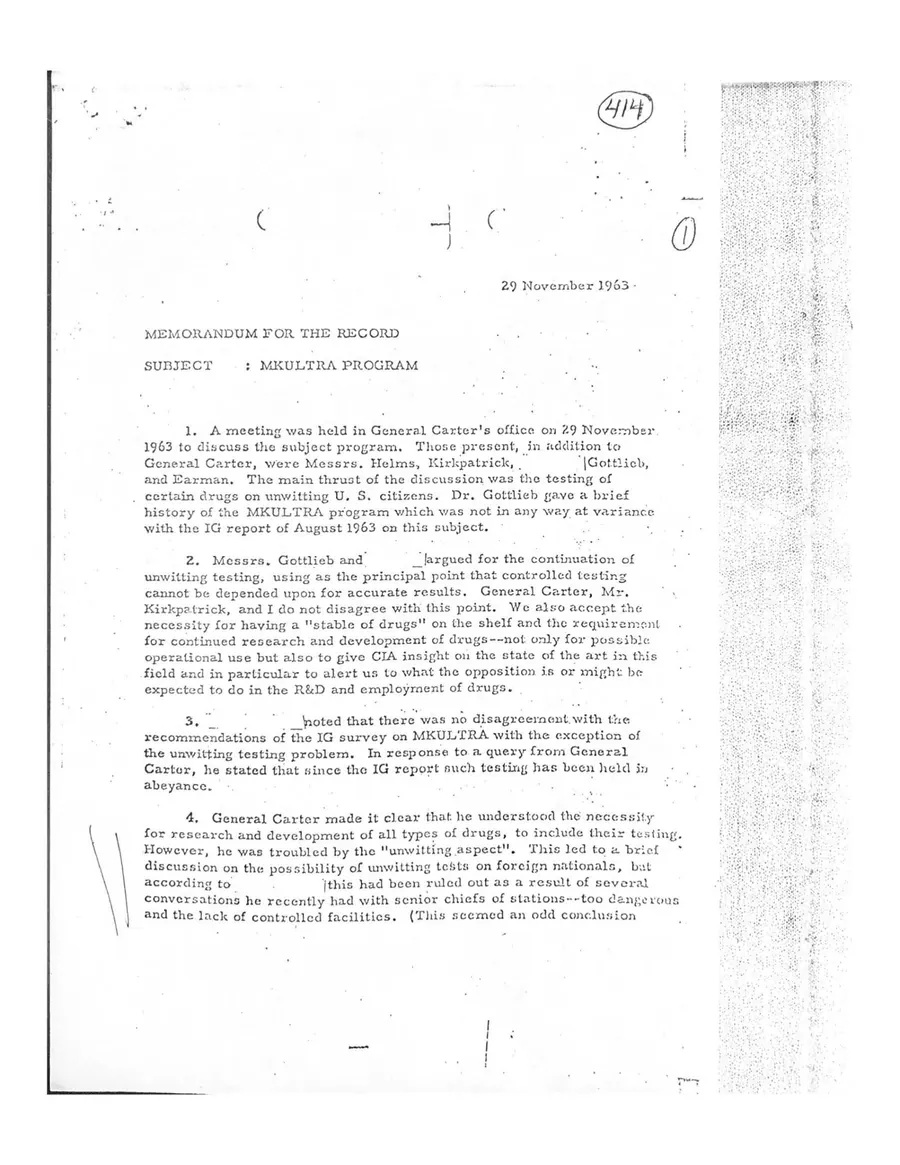 Report of Inspection of MKULTRA — leaf 62, facsimile of the released scan