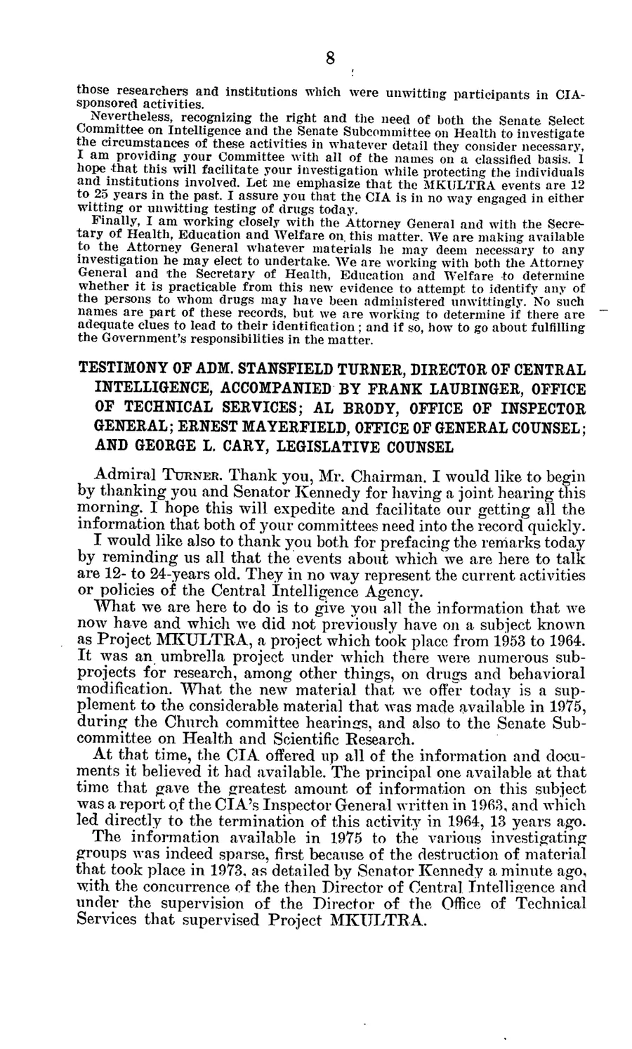 Report of Inspection of MKULTRA — leaf 70, printed page 8 (1977 hearing), facsimile of the released scan