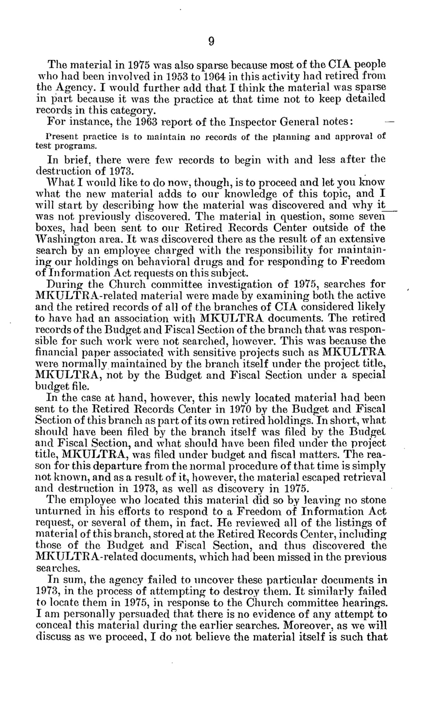 Report of Inspection of MKULTRA — leaf 71, printed page 9 (1977 hearing), facsimile of the released scan