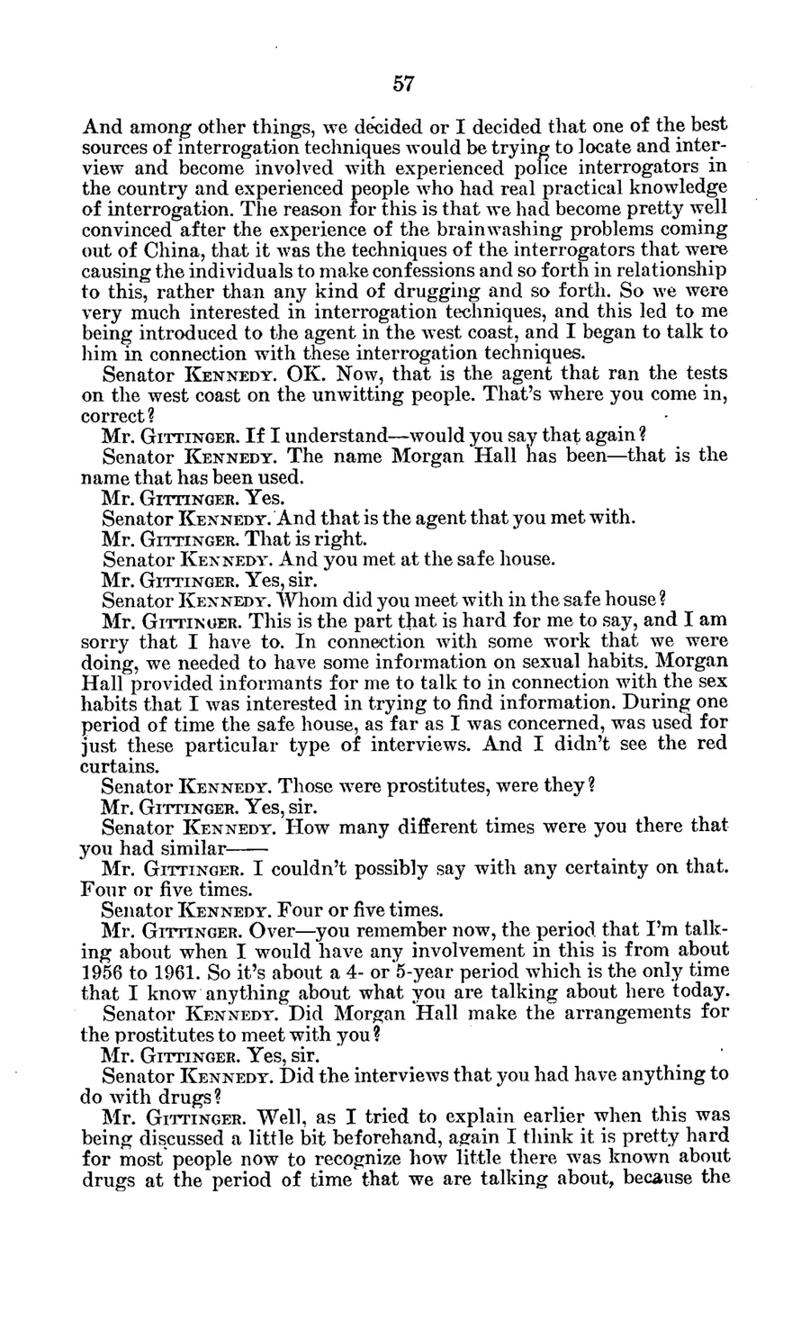 Report of Inspection of MKULTRA — leaf 77, printed page 57 (1977 hearing), facsimile of the released scan