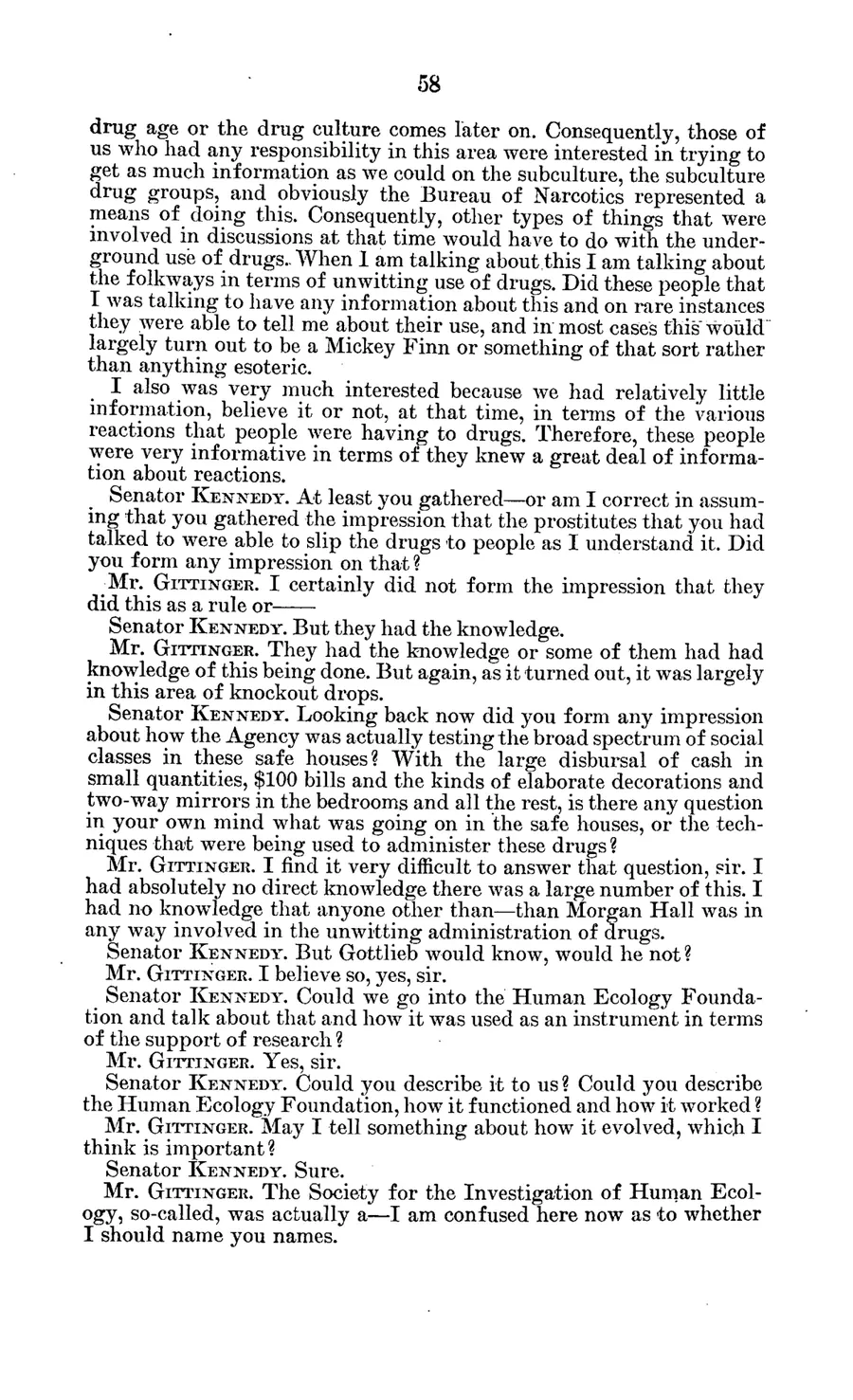 Report of Inspection of MKULTRA — leaf 78, printed page 58 (1977 hearing), facsimile of the released scan