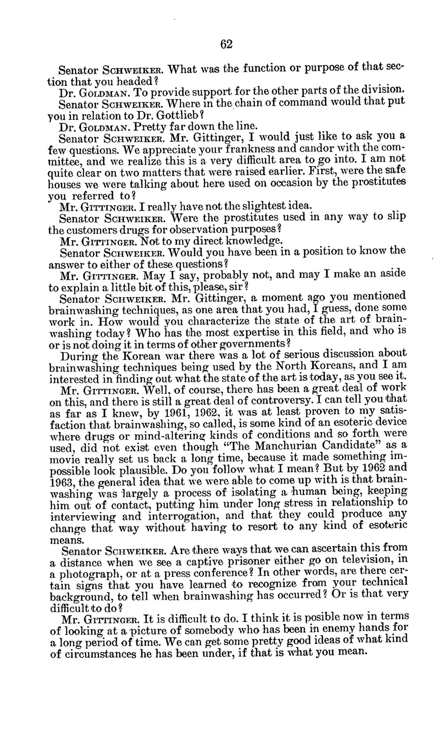 Report of Inspection of MKULTRA — leaf 79, printed page 62 (1977 hearing), facsimile of the released scan