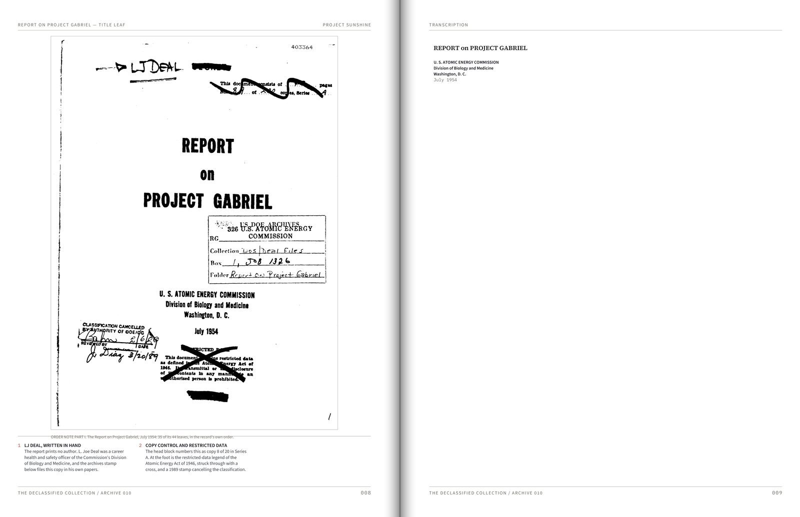 Spread 1 of Archive 010: The July 1954 report's first leaf: *Report on Project Gabriel*, the Division of Biology and Medicine, and the 