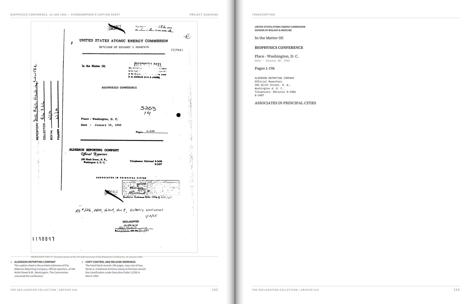 Spread 4 of Archive 010: The Biophysics Conference, 18 January 1955: the stenographer's caption sheet and the page on which the collect