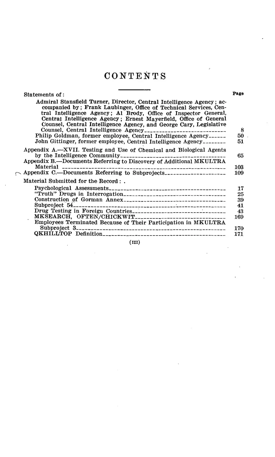 The 1977 MKULTRA hearing — United States Senate, 1977: source page 4 of 173, the released scan