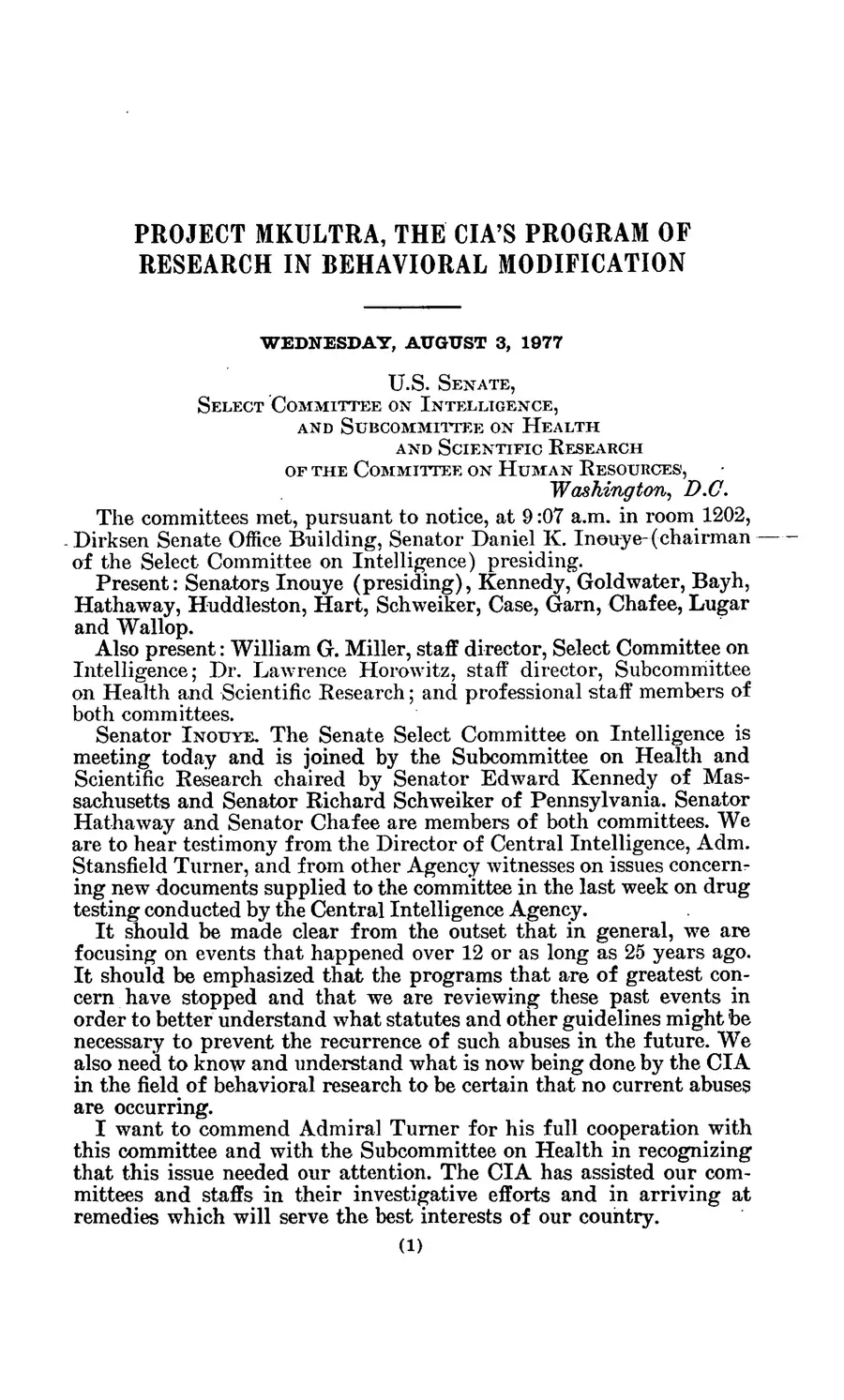 The 1977 MKULTRA hearing — United States Senate, 1977: source page 5 of 173, the released scan
