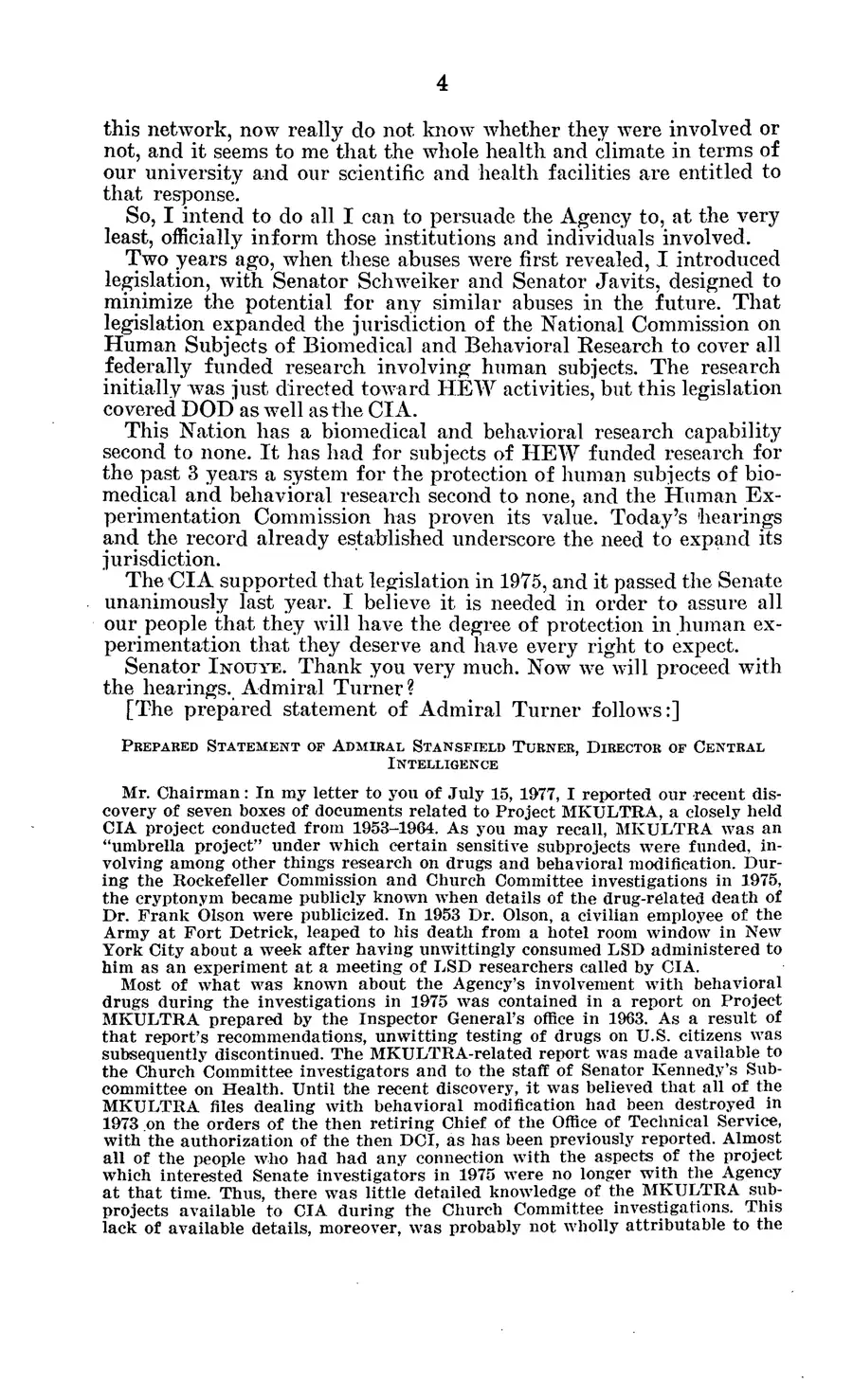 The 1977 MKULTRA hearing — United States Senate, 1977: source page 8 of 173, the released scan