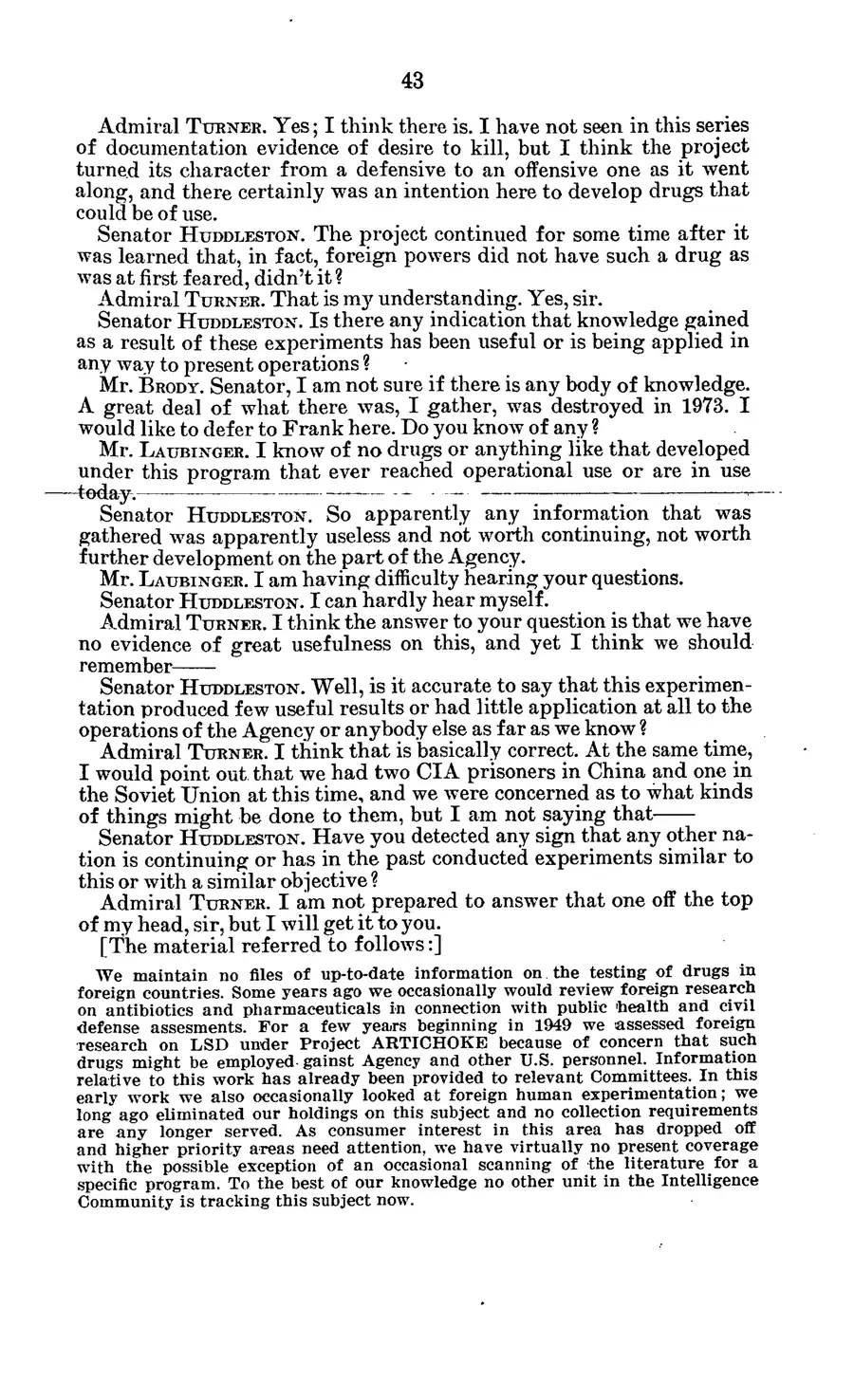 The 1977 MKULTRA hearing — United States Senate, 1977: source page 47 of 173, the released scan