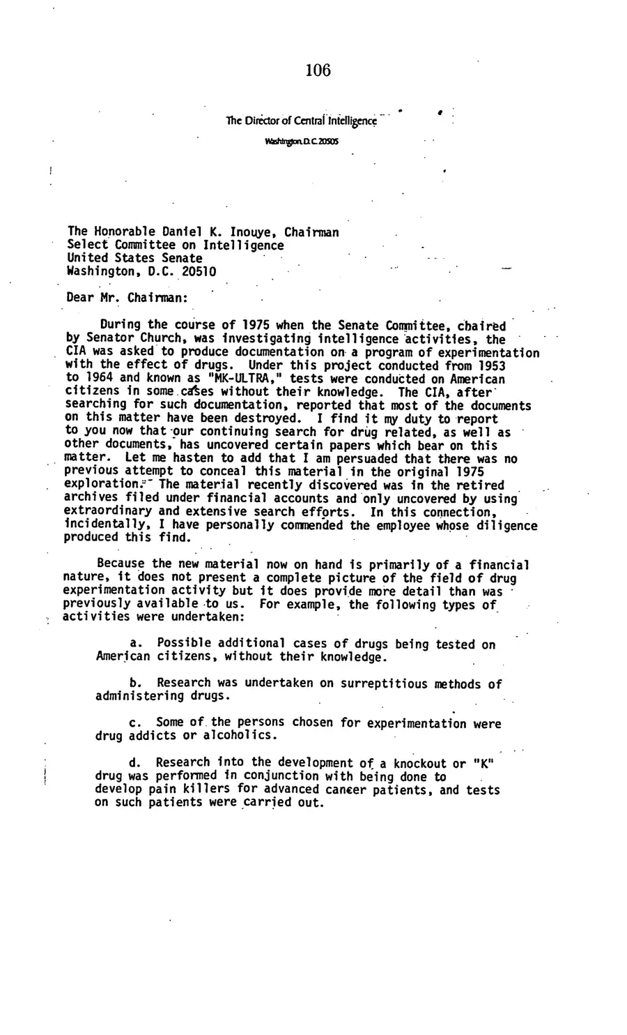 The 1977 MKULTRA hearing — United States Senate, 1977: source page 109 of 173, the released scan