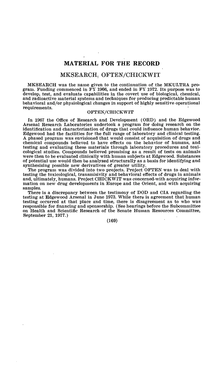The 1977 MKULTRA hearing — United States Senate, 1977: source page 171 of 173, the released scan