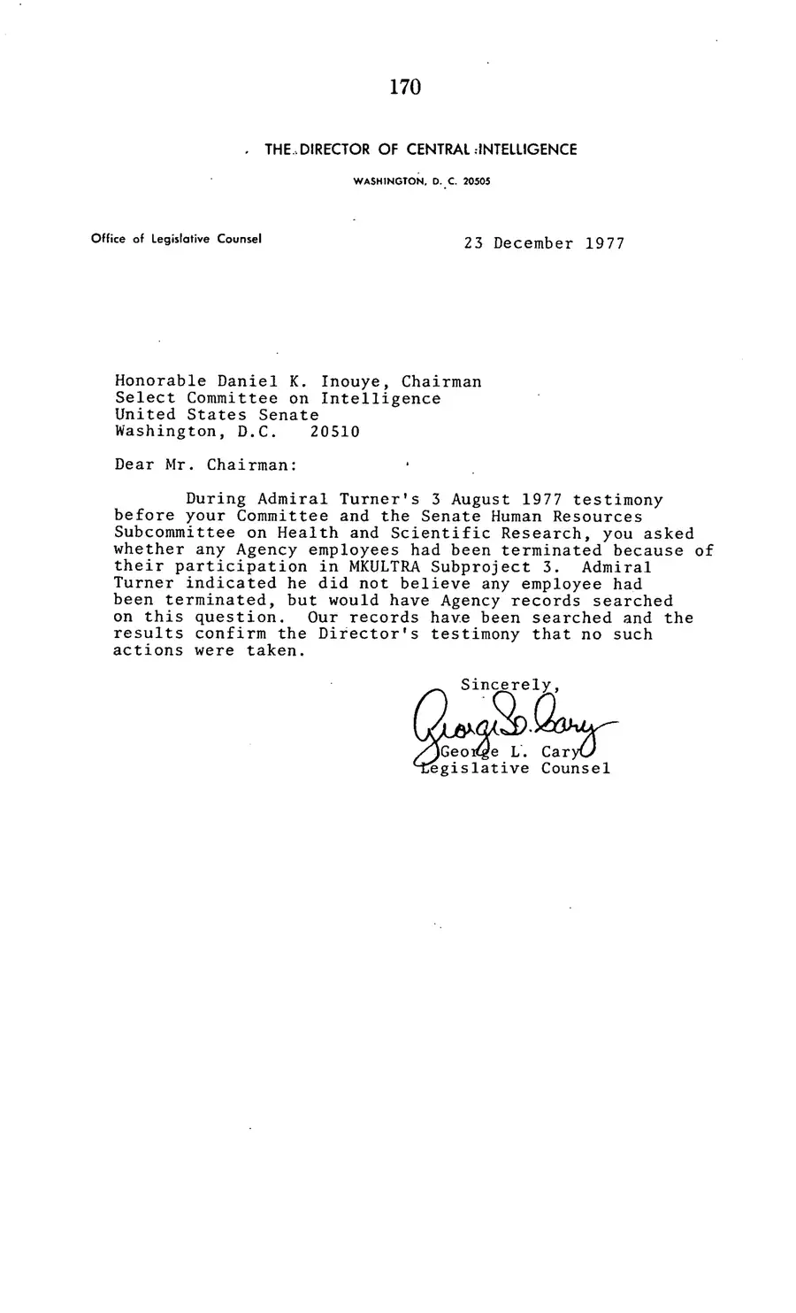 The 1977 MKULTRA hearing — United States Senate, 1977: source page 172 of 173, the released scan