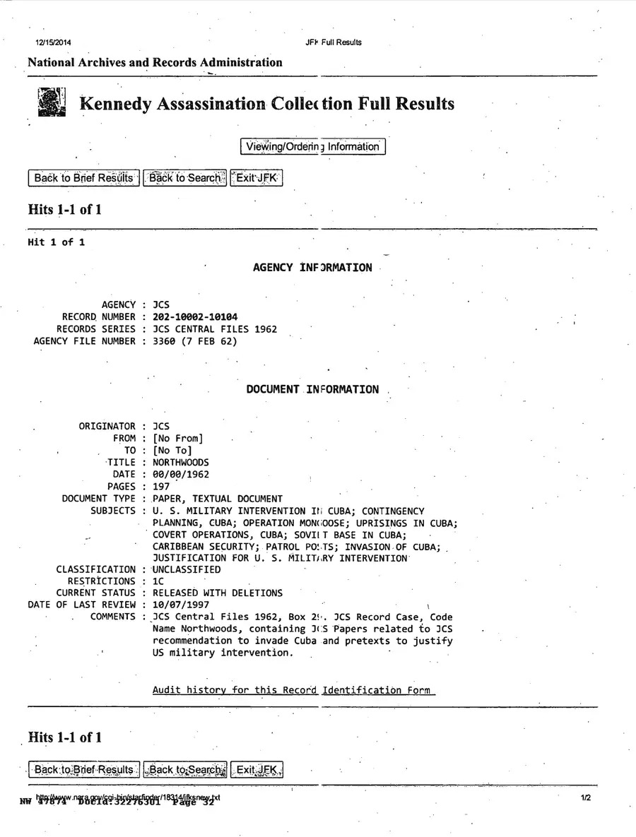 Operation Northwoods — Joint Chiefs of Staff, 1962: source page 32 of 212, the released scan